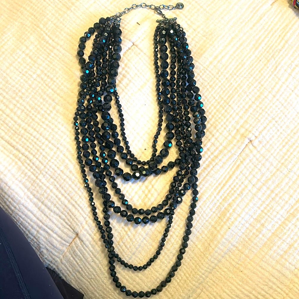 Gorgeous vintage Italian Italy 7 strand layered black faceted crystal necklace